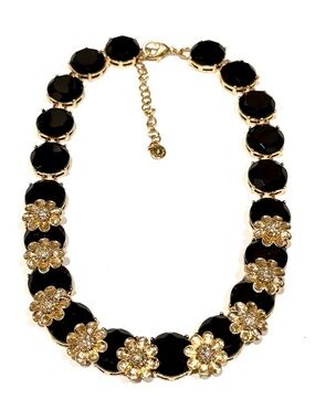 TALBOTS | Black Crystal & Gold Floral Statement Necklace | NEW